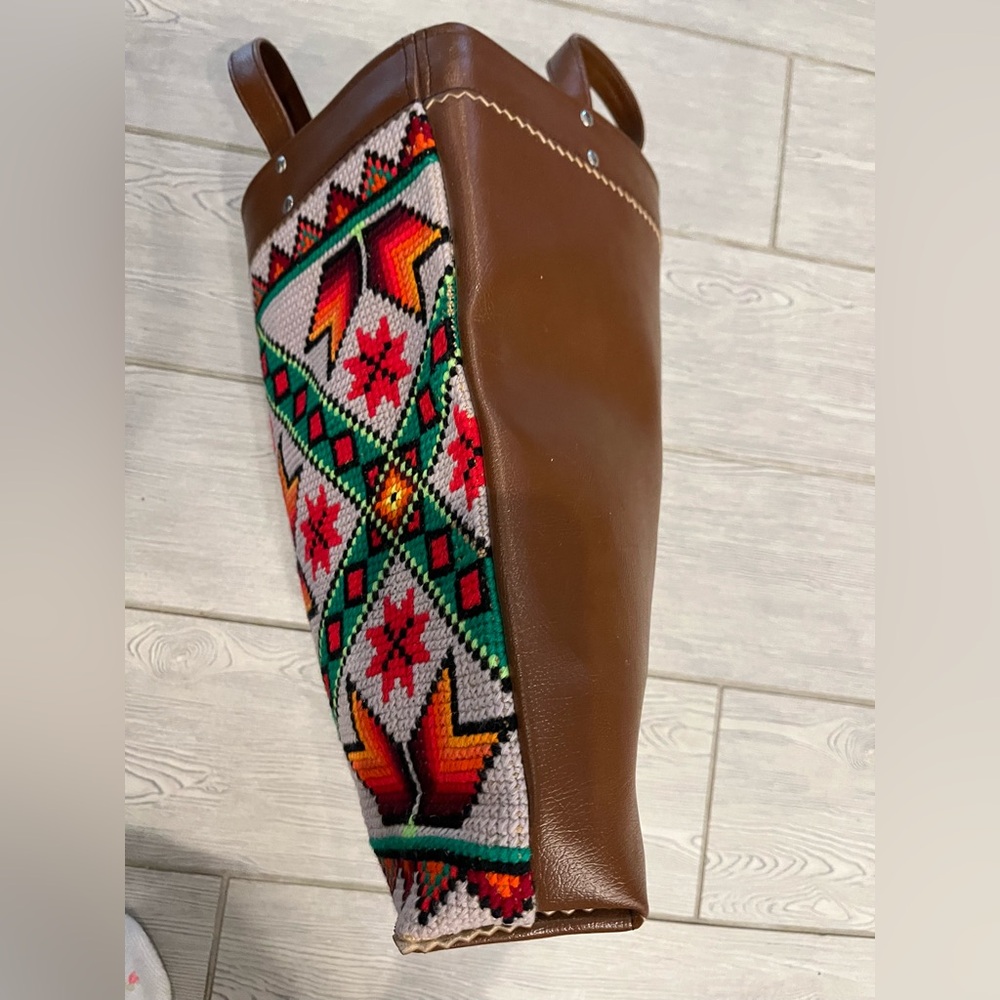 Colorful Geometric Cross-stitch Aztec Patterned Tote Bag with Brown Accents - Picture 14 of 14